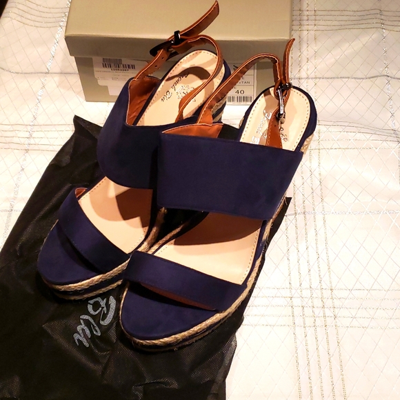 French Blu New POPEYE Espadrille Platform Wedge Sandal NIB Navy Tan Women's 40 - Picture 11 of 14